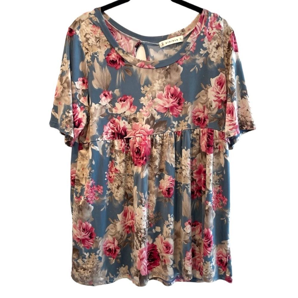 Simisue Floral‎ Short Sleeve Pleated Waist Blouse Blue Pink Size Large